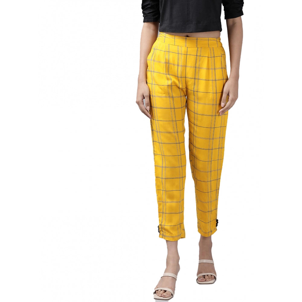 Generic Women's Casual Checked Rayon Trouser Pant (Yellow) Main image