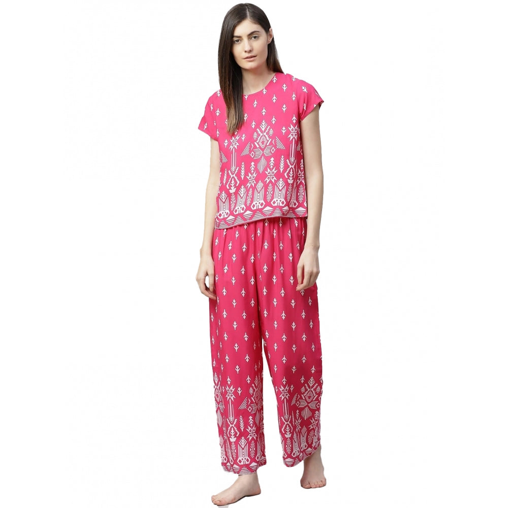 Generic Women's Casual Short Sleeve Printed Rayon Pajama Set (Pink) Main image