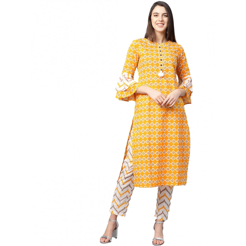 Generic Women's Casual 3/4 th Sleeve Floral Printed Cotton Kurti Set (Mustard) Main image
