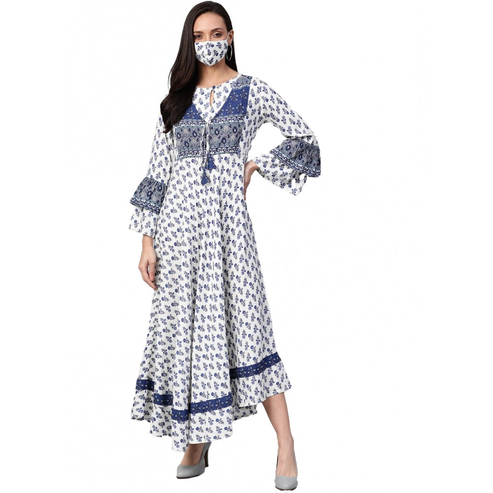 Generic Women's Casual Bell Sleeve Floral Printed Rayon Dress (White &amp; Blue) Main image
