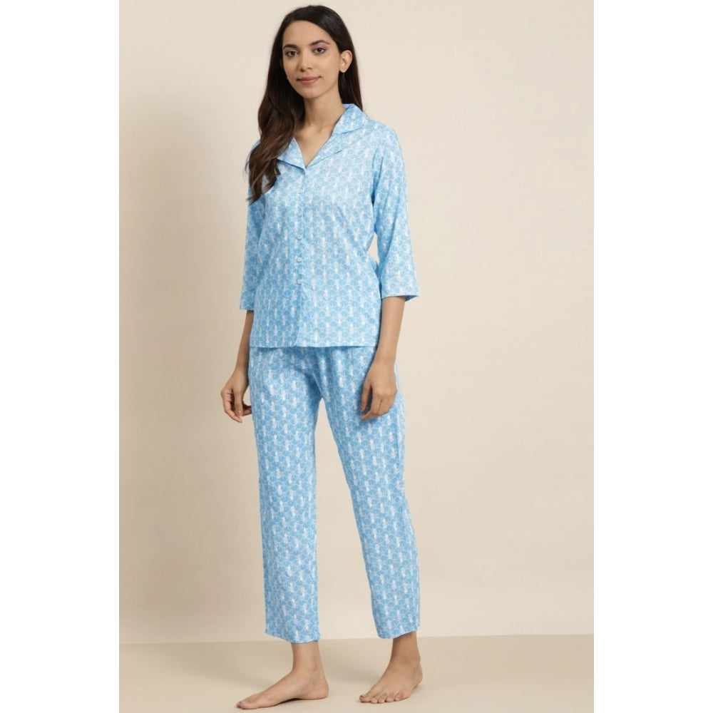Generic Women's Casual 3/4 th Sleeve Floral Printed Rayon Shirt With Pyjama Pant Night Suit Set (Blue) Secondary image