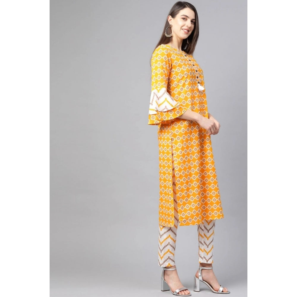 Generic Women's Casual 3/4 th Sleeve Floral Printed Cotton Kurti Set (Mustard) Secondary image