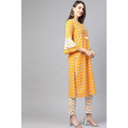 Generic Women's Casual 3/4 th Sleeve Floral Printed Cotton Kurti Set (Mustard)