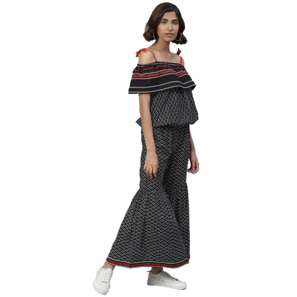 Generic Women's Casual shoulder sleeve Geomatrical Printed Cotton Dress (Black) Secondary image