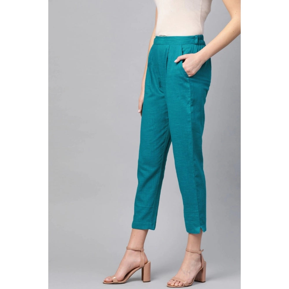 Generic Women's Casual Solid Cotton Slub Trouser Pant (Rama Blue) Secondary image