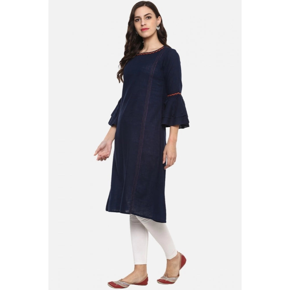 Generic Women's Casual Bell Sleeves Solid Cotton Slub Kurti (Blue) Secondary image