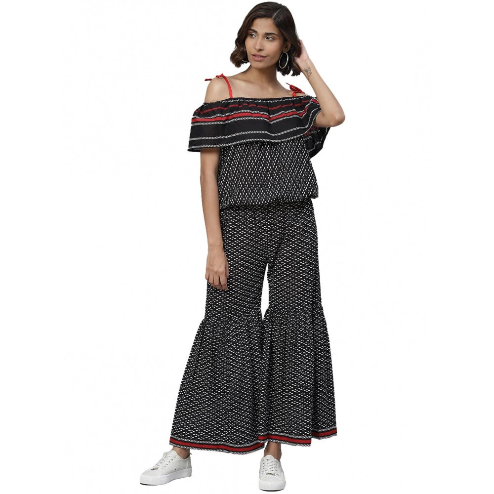 Generic Women's Casual shoulder sleeve Geomatrical Printed Cotton Dress (Black) Main image