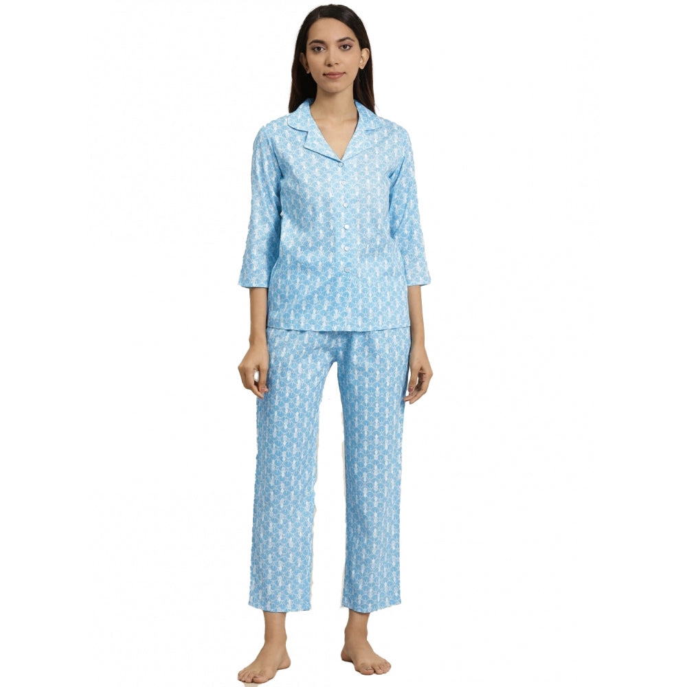 Generic Women's Casual 3/4 th Sleeve Floral Printed Rayon Shirt With Pyjama Pant Night Suit Set (Blue) Main image