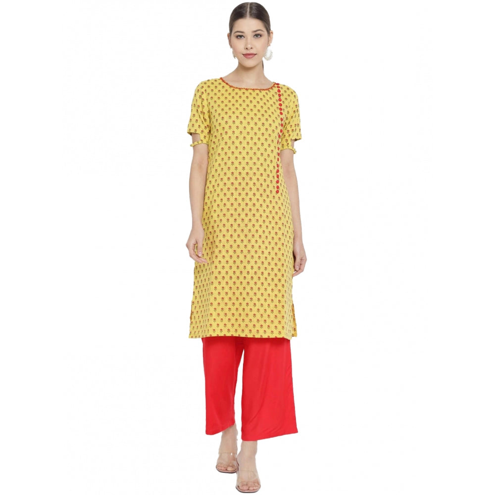 Generic Women's Casual Short Sleeves Floral Printed Cotton &amp; Rayon Kurti Palazzo Set (Yellow &amp; Red) Main image