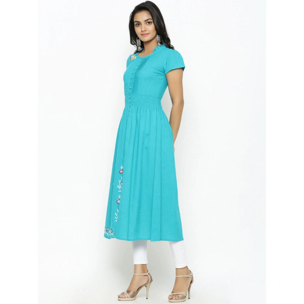 Generic Women's Casual Short Sleeve Embroidery Cotton Slub Kurti (Torque Green) Secondary image
