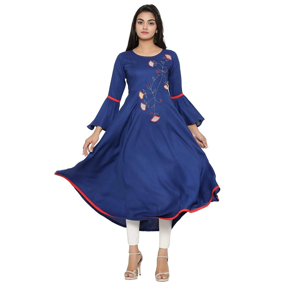 Generic Women's Casual Bell Sleeves Embroidery Rayon Kurti (Blue) Main image