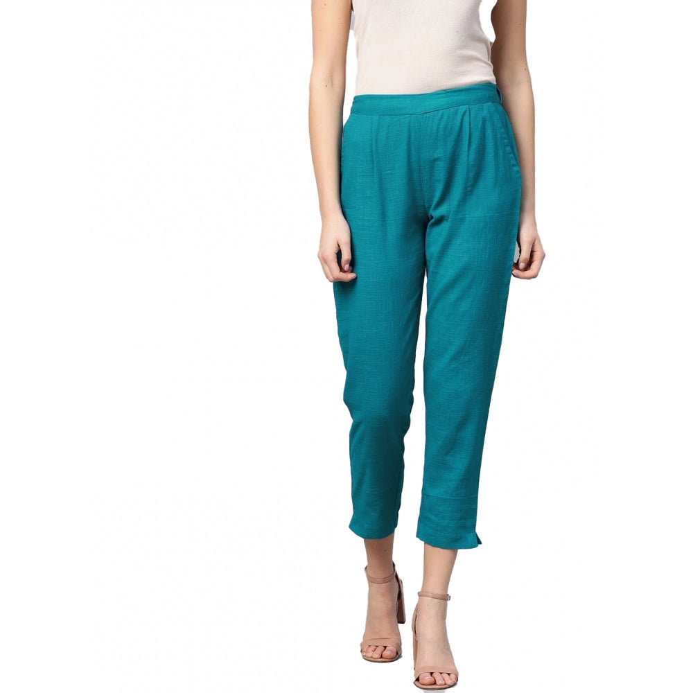 Generic Women's Casual Solid Cotton Slub Trouser Pant (Rama Blue) Main image