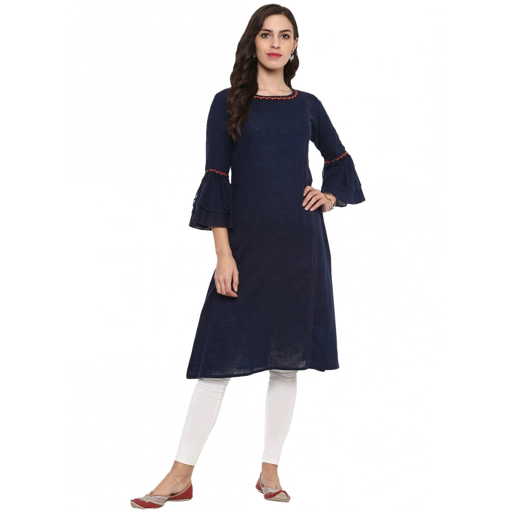 Generic Women's Casual Bell Sleeves Solid Cotton Slub Kurti (Blue) Main image