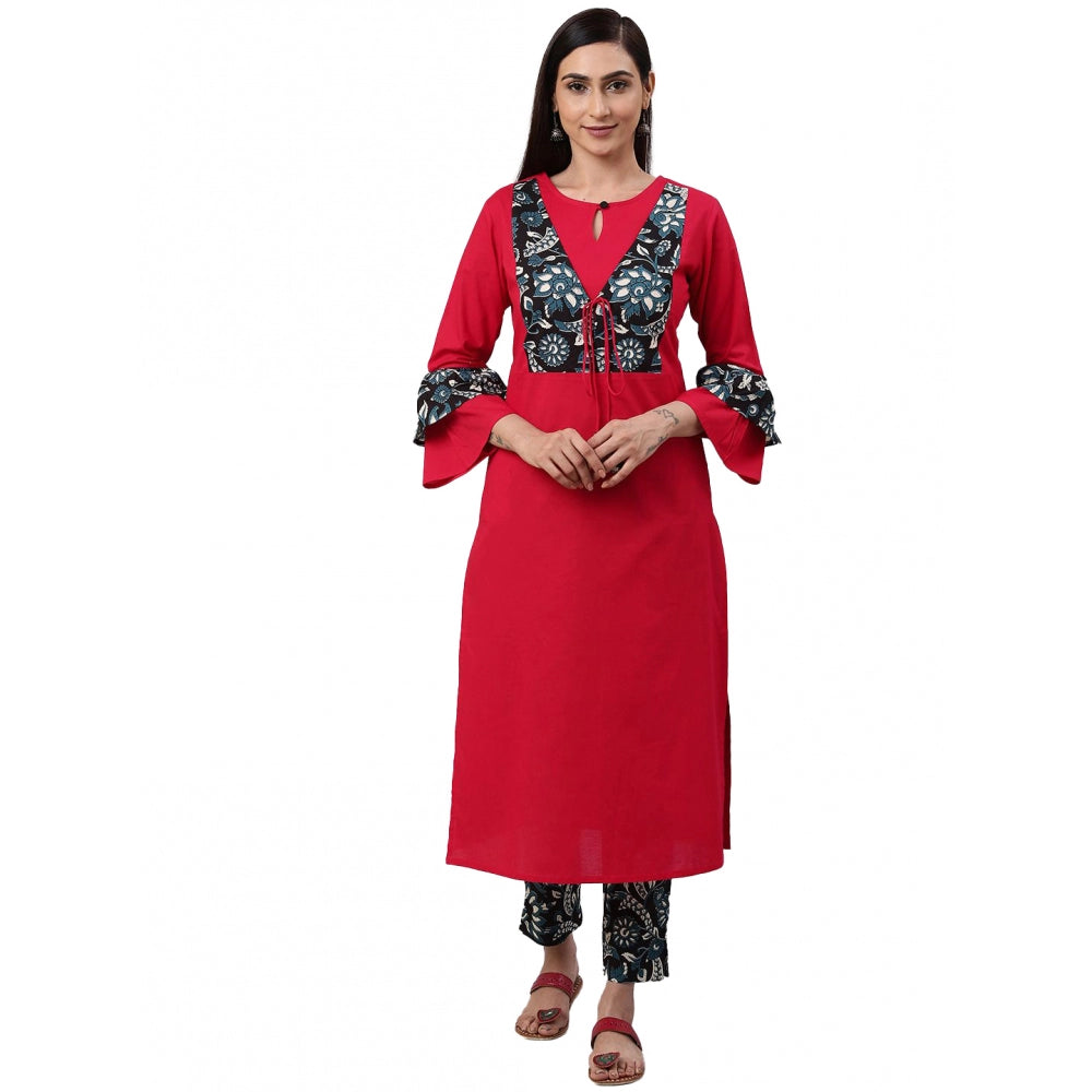 Generic Women's Casual Bell Sleeves Floral Printed Cotton Kurti Set (Rani Pink) Main image