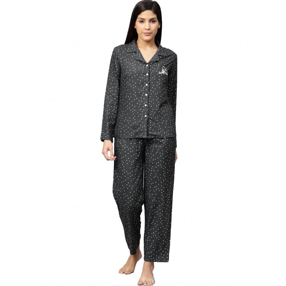 Generic Women's Casual Full Sleeves Polka Dot Printed Rayon Shirt With Pyjama Pant Night Suit Set (Grey) Main image