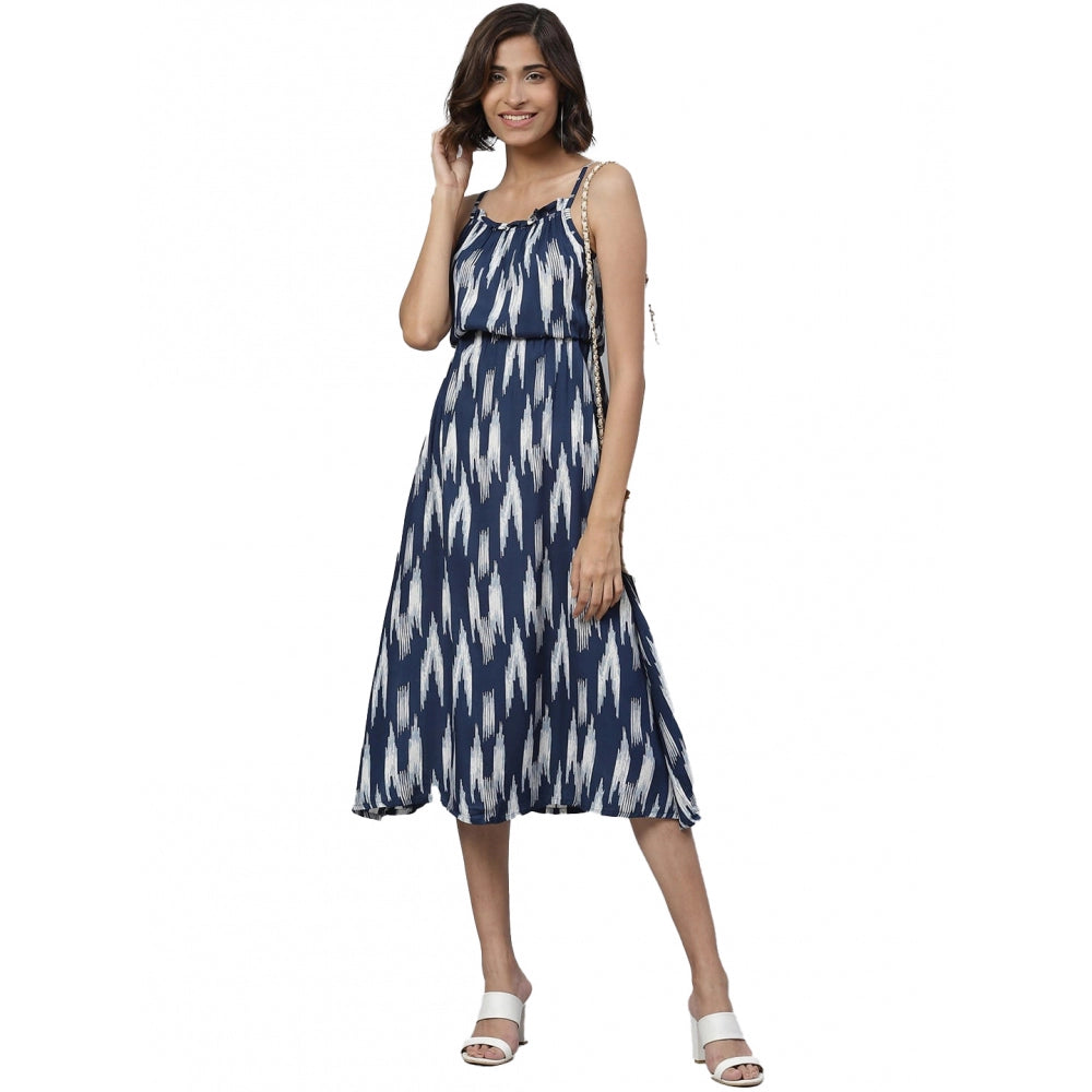 Generic Women's Casual Sleeveless Ikat Print Rayon Dress (Blue) Main image