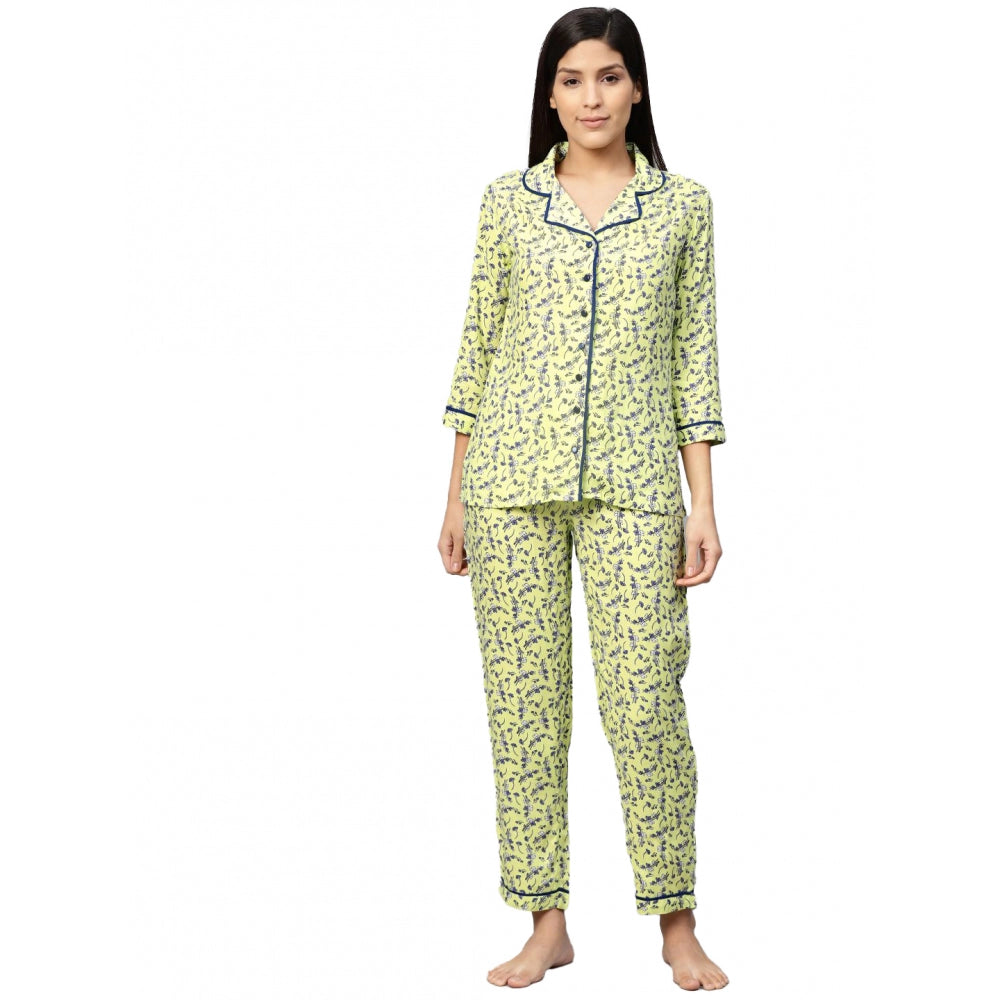Generic Women's Casual 3/4 Sleeve Floral Printed Rayon Shirt With Pyjama Pant Night Suit Set (Green) Main image