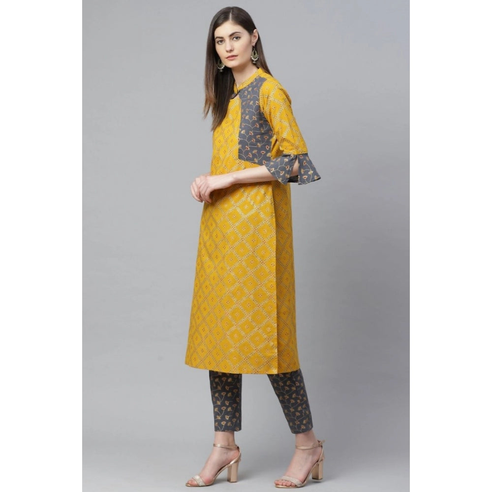 Generic Women's Casual Bell Sleeves Geomatrical Printed Cotton Kurti Set (Yellow) Secondary image