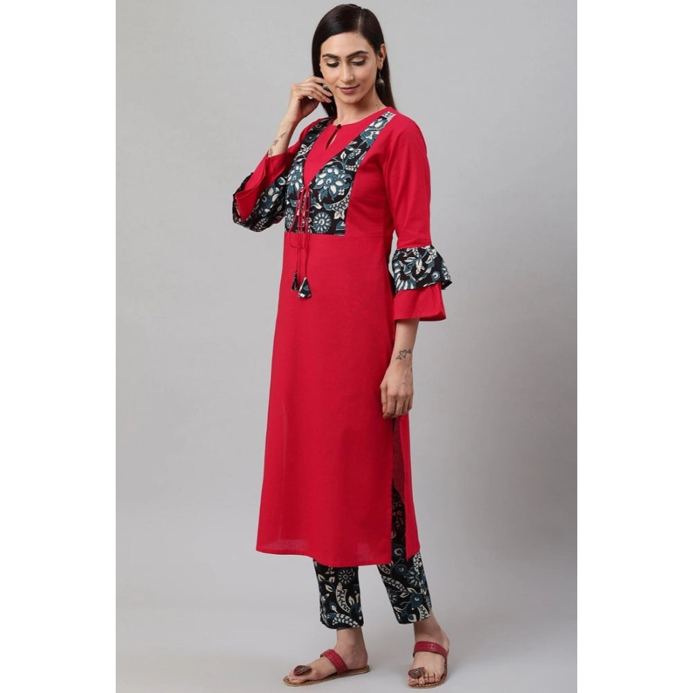 Generic Women's Casual Bell Sleeves Floral Printed Cotton Kurti Set (Rani Pink) Secondary image