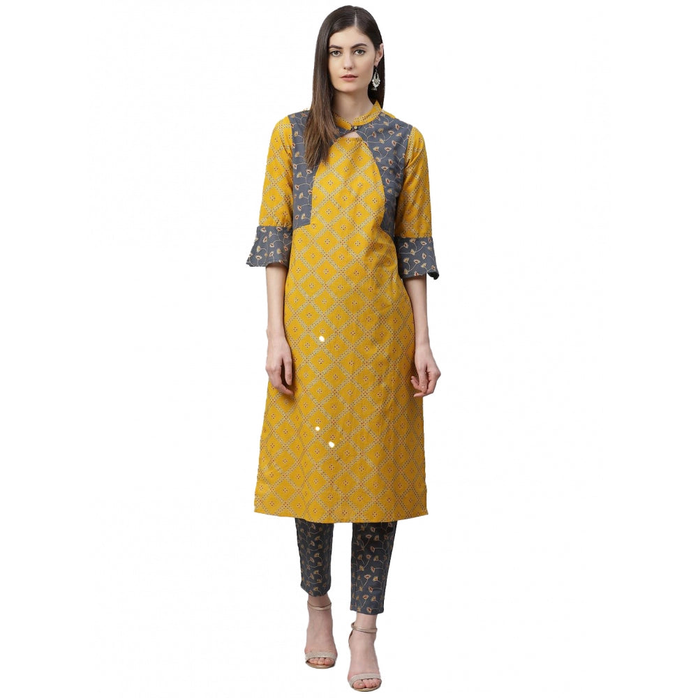 Generic Women's Casual Bell Sleeves Geomatrical Printed Cotton Kurti Set (Yellow) Main image