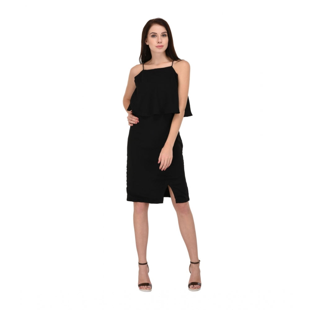 Generic Women's Cotton Blend Solid Sleeveless Dress (Black) Main image