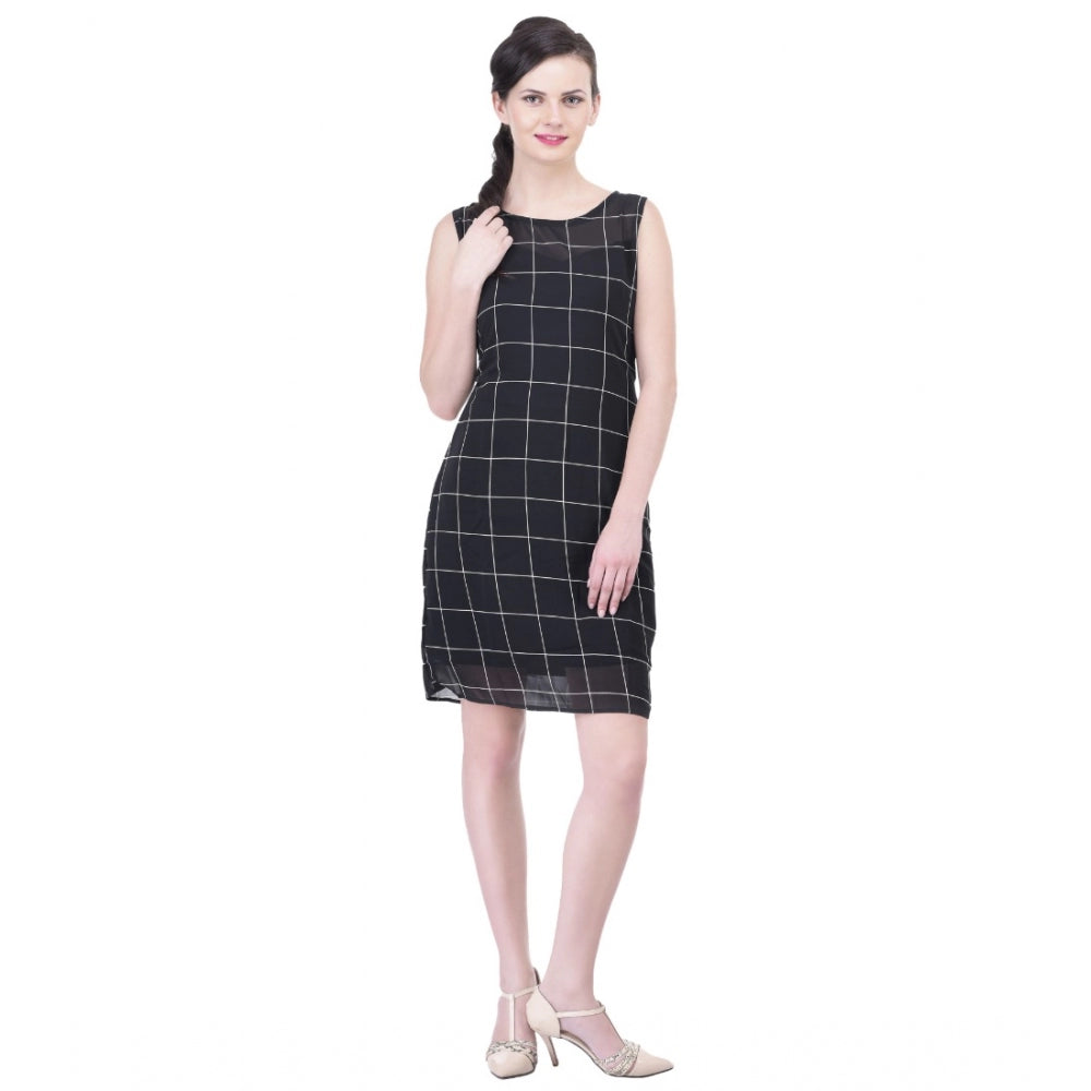 Generic Women's Cotton Blend Checked Sleeveless Sheath Dress (Black) Main image
