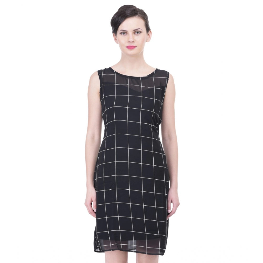 Generic Women's Cotton Blend Checked Sleeveless Sheath Dress (Black) Secondary image
