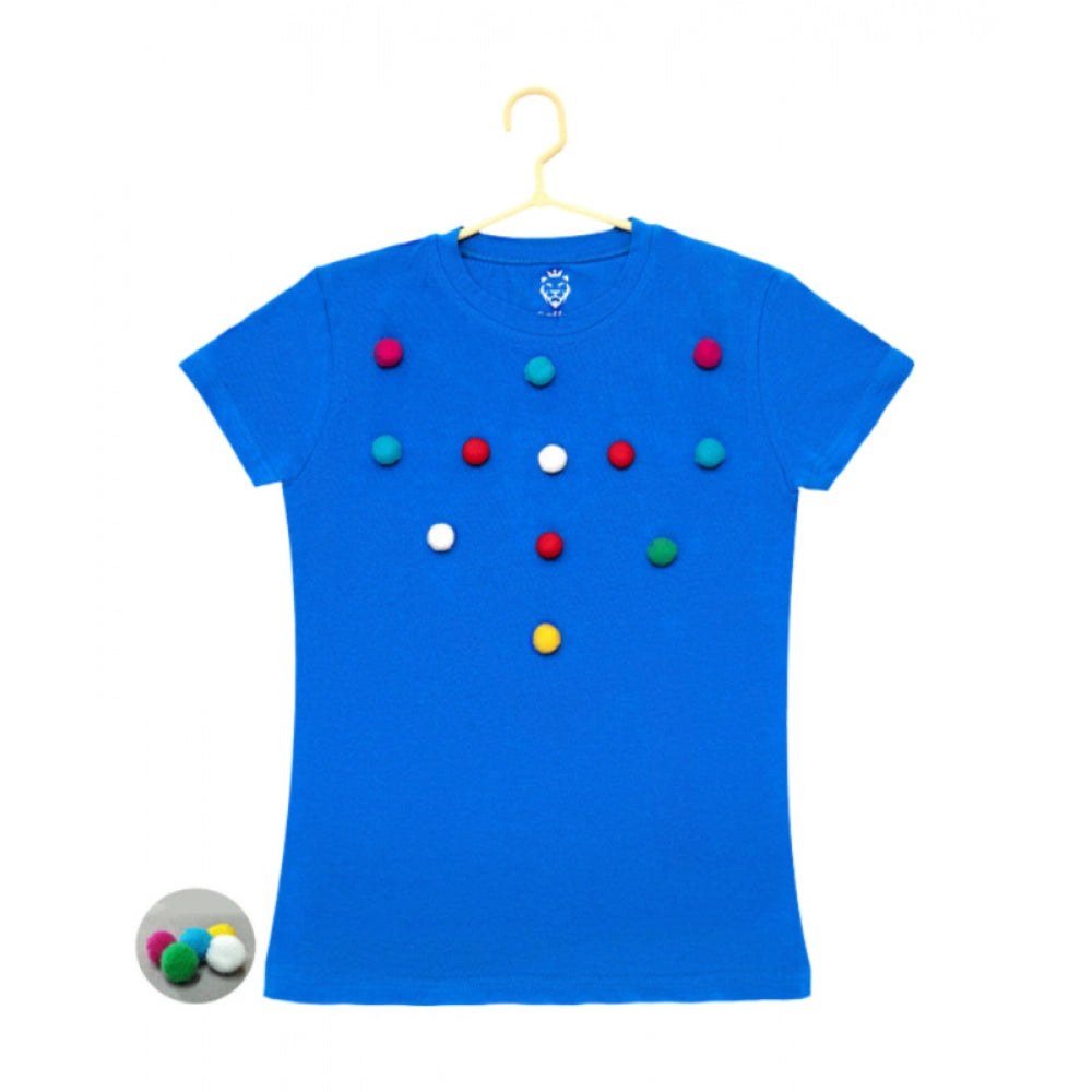 Generic Girl's Casual Short Sleeve Pom Pom Balls Cotton T Shirt (Royal Blue) Main image