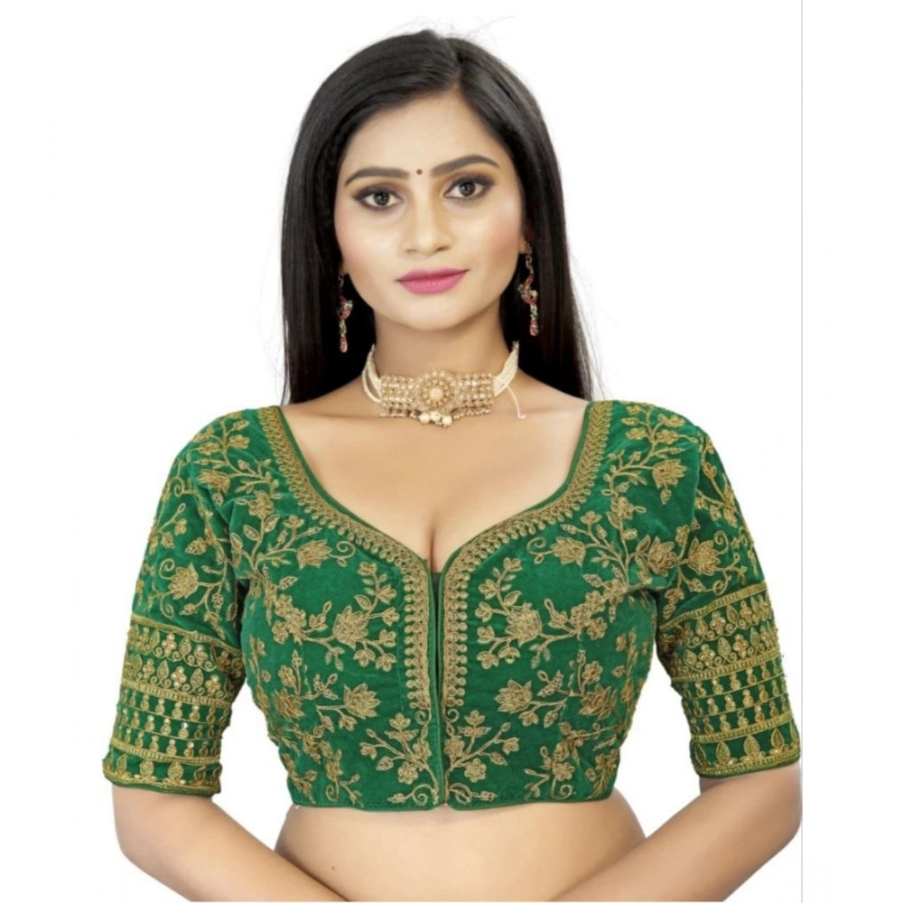 Generic Women's Velvet Embroidery Readymade Blouse (Green, Size: Free Size) Main image