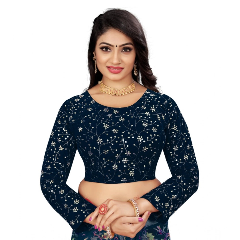 Generic Women's Velvet Embroidery Readymade Blouse (Navy Blue, Size: Free Size) Main image