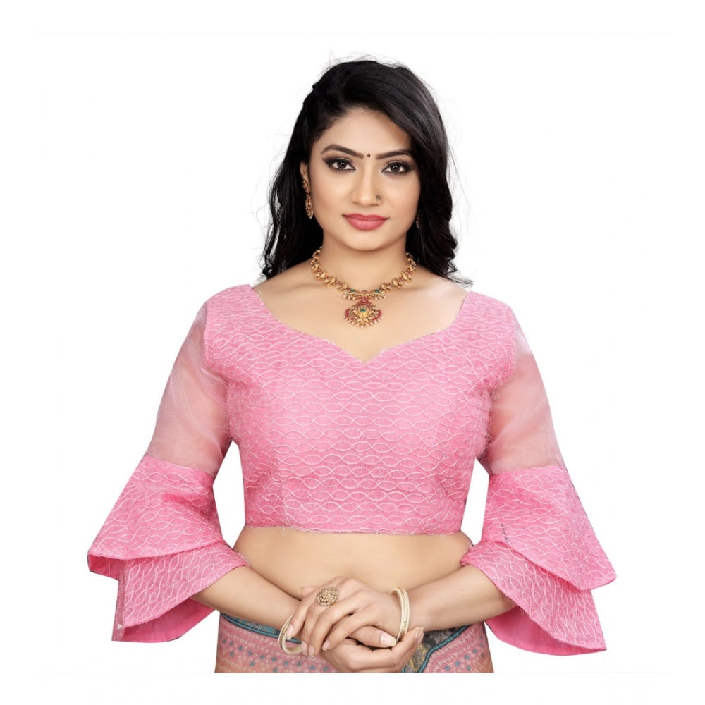 Generic Women's Organza Embroidery Readymade Blouse (Pink, Size: Free Size) Main image
