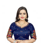 Generic Women's Malai Silk Floral Readymade Blouse (Navy Blue, Size: Free Size)