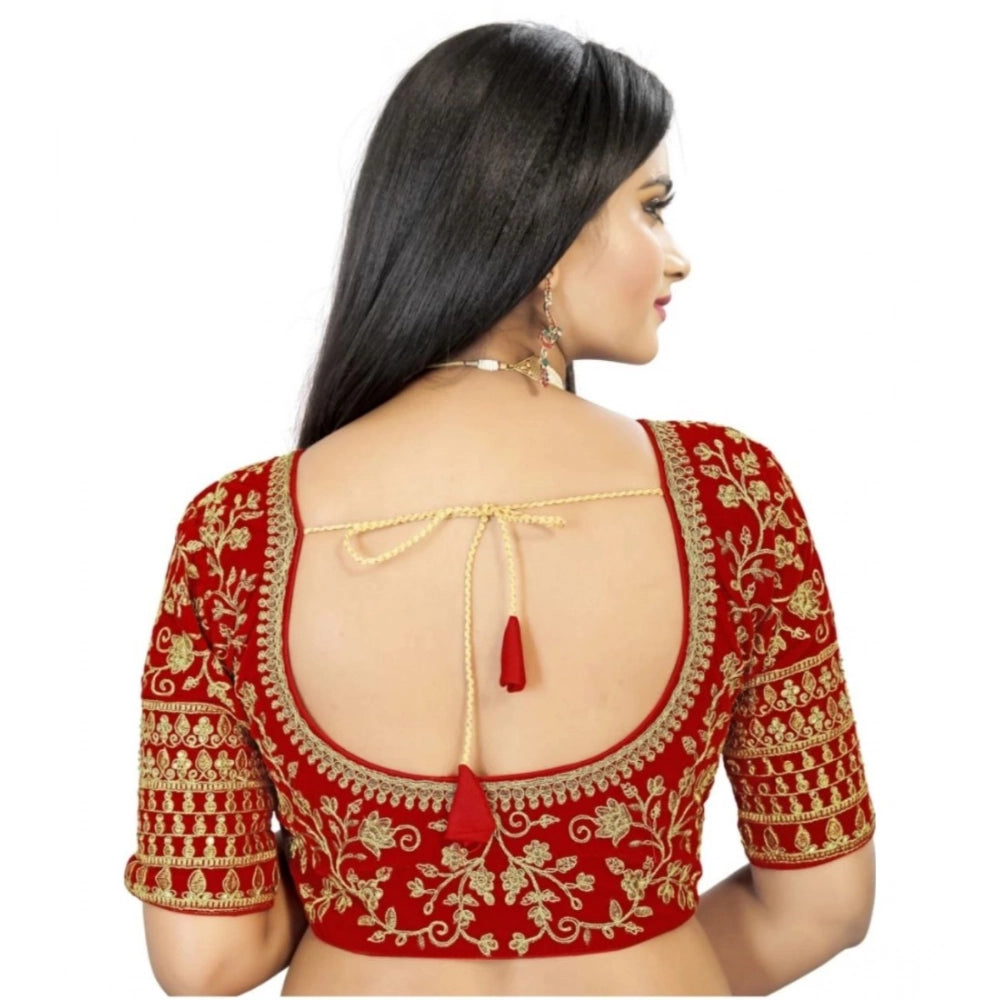 Generic Women's Velvet Embroidery Readymade Blouse (Red, Size: Free Size) Secondary image