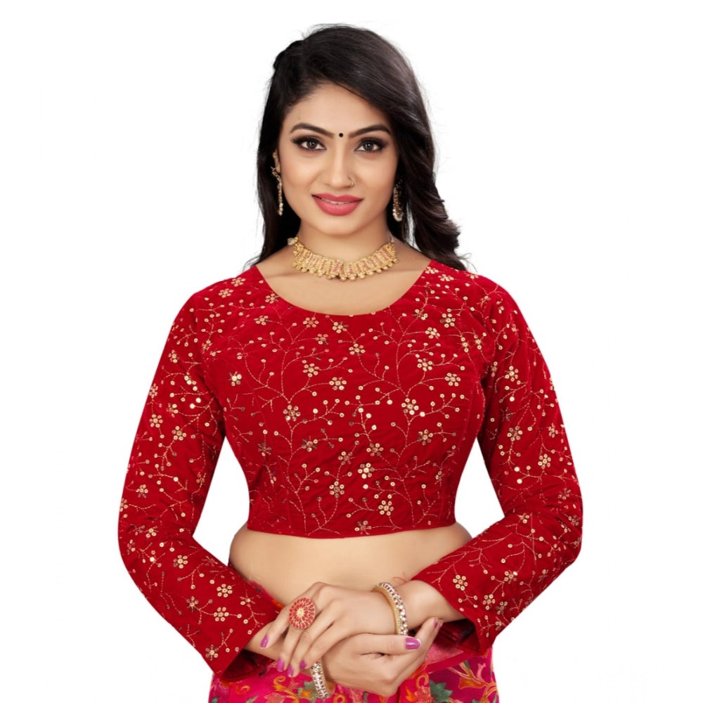 Generic Women's Velvet Embroidery Readymade Blouse (Red, Size: Free Size) Main image