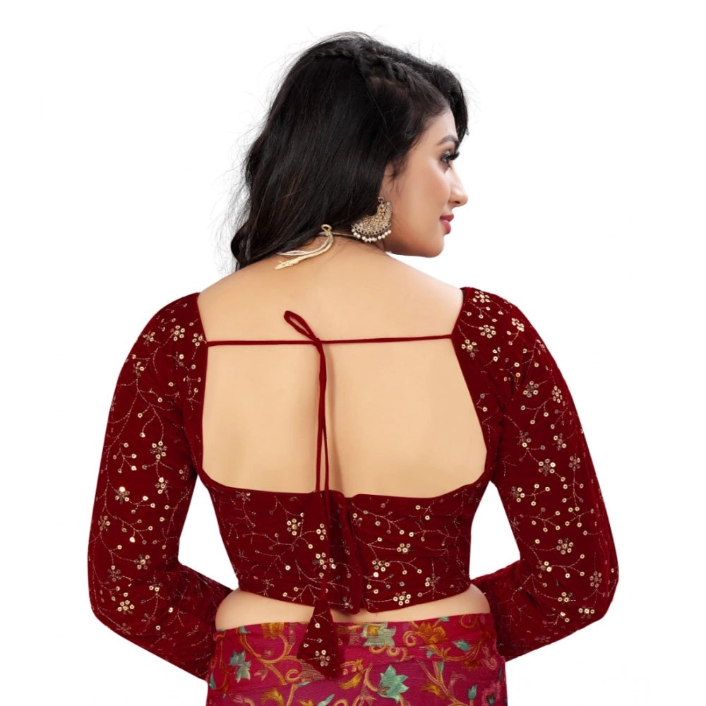 Generic Women's Velvet Embroidery Readymade Blouse (Maroon, Size: Free Size) Secondary image