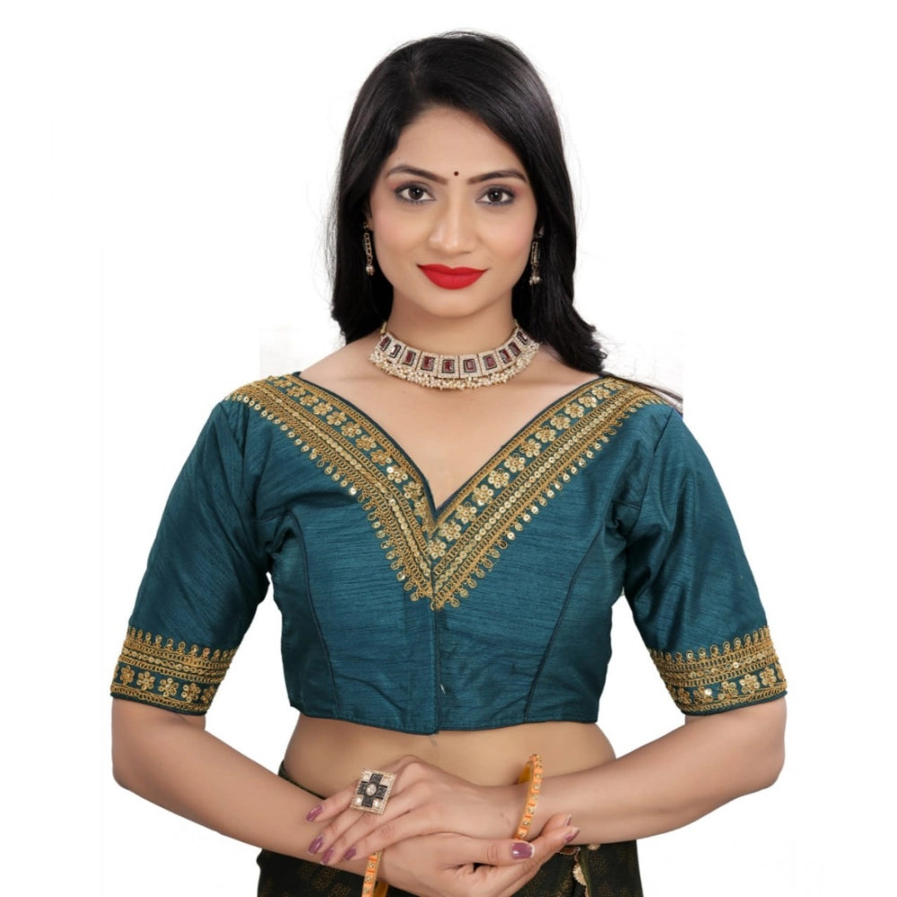 Generic Women's Banglory Embroidery Readymade Blouse (Teal, Size: Free Size) Main image