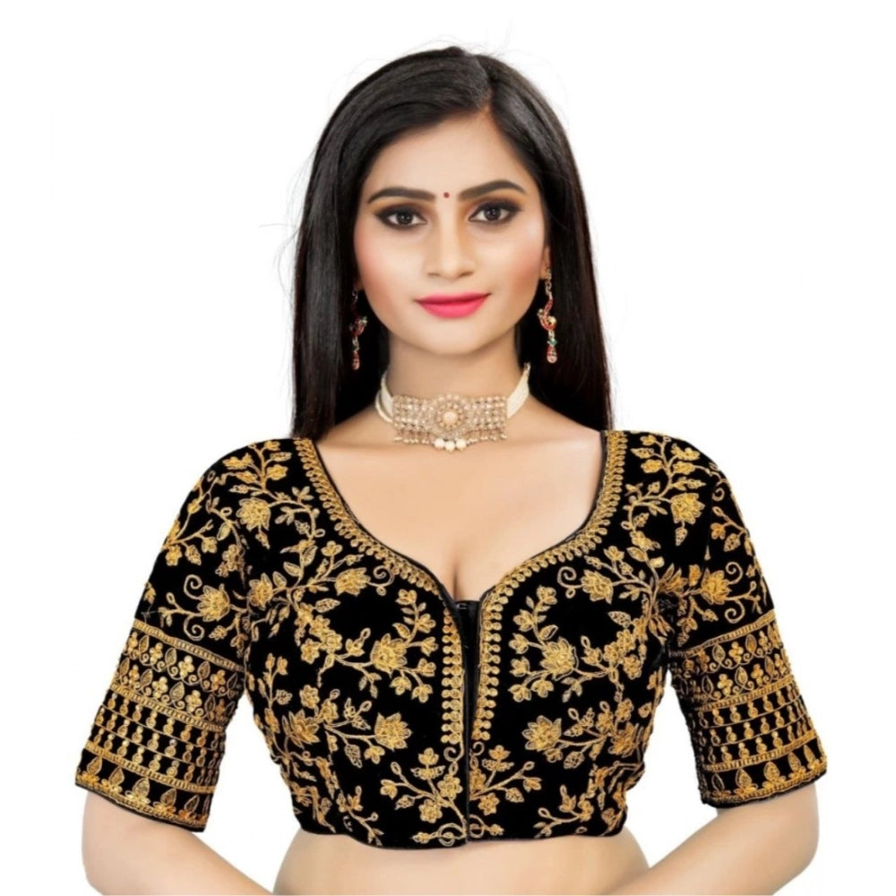 Generic Women's Velvet Embroidery Readymade Blouse (Black, Size: Free Size) Main image