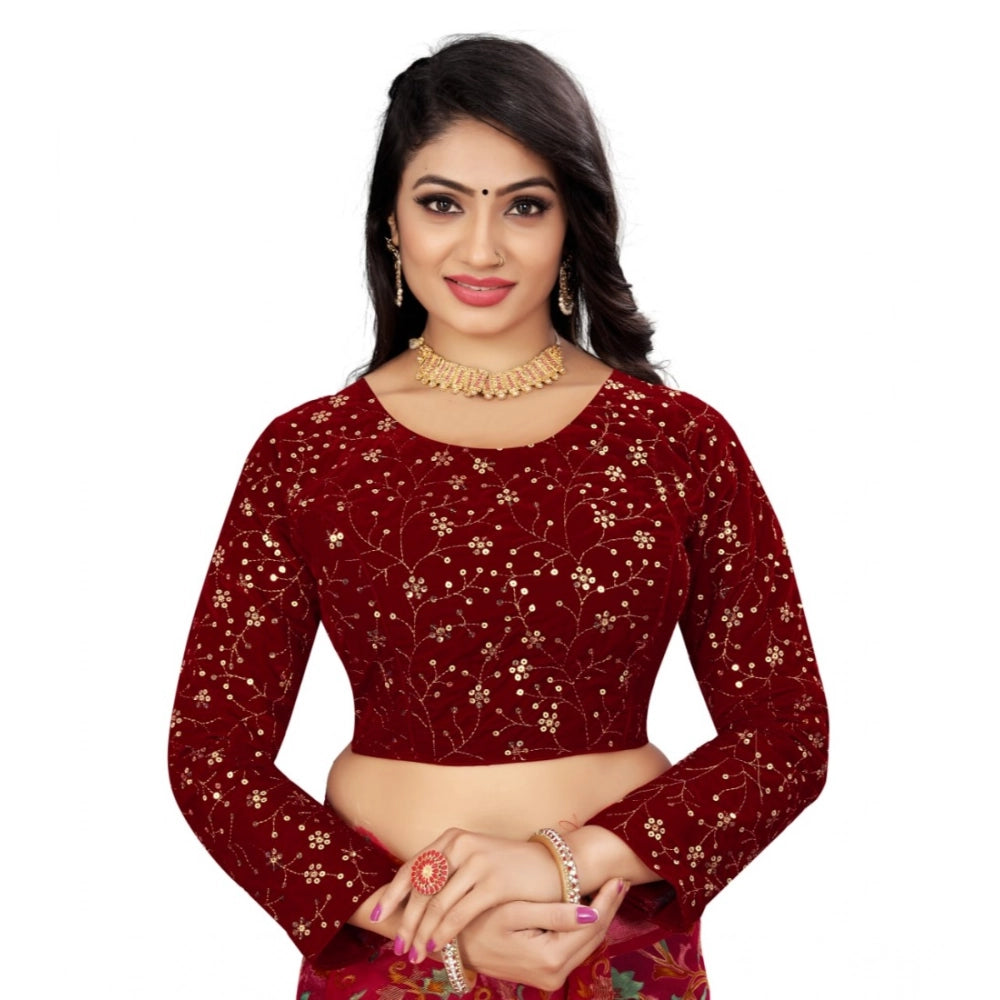 Generic Women's Velvet Embroidery Readymade Blouse (Maroon, Size: Free Size) Main image
