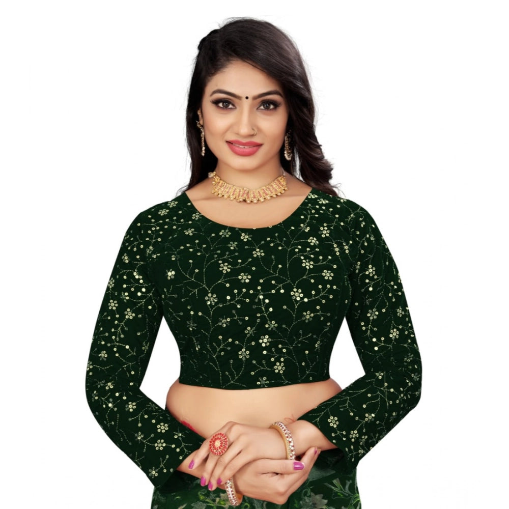 Generic Women's Velvet Embroidery Readymade Blouse (Green, Size: Free Size) Main image