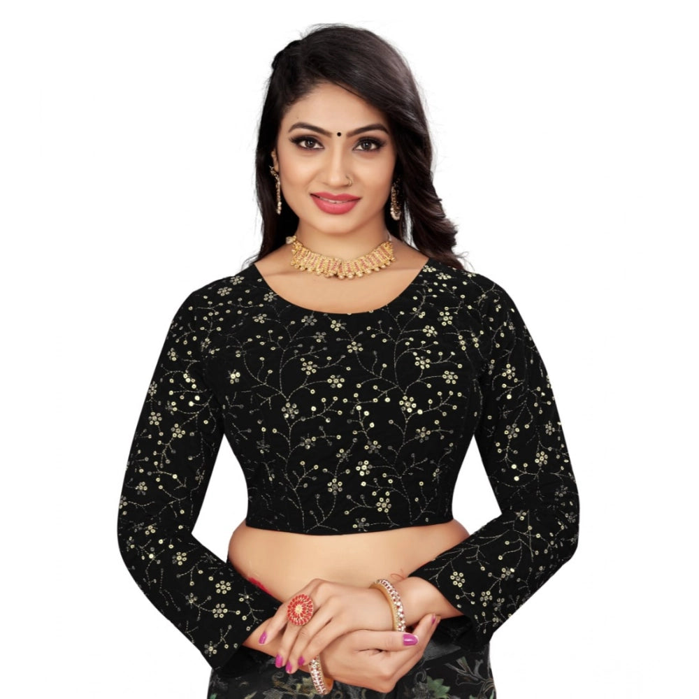Generic Women's Velvet Embroidery Readymade Blouse (Black, Size: Free Size) Main image