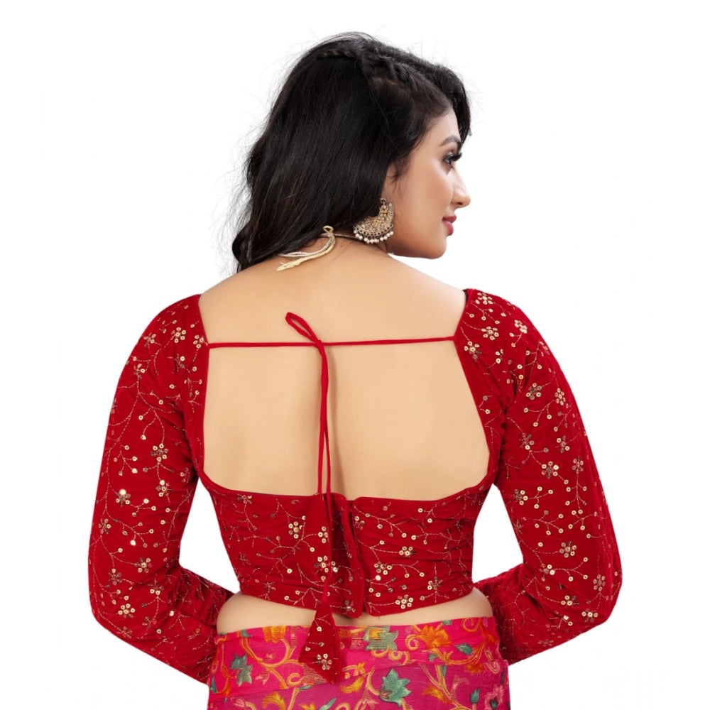 Generic Women's Velvet Embroidery Readymade Blouse (Red, Size: Free Size) Secondary image