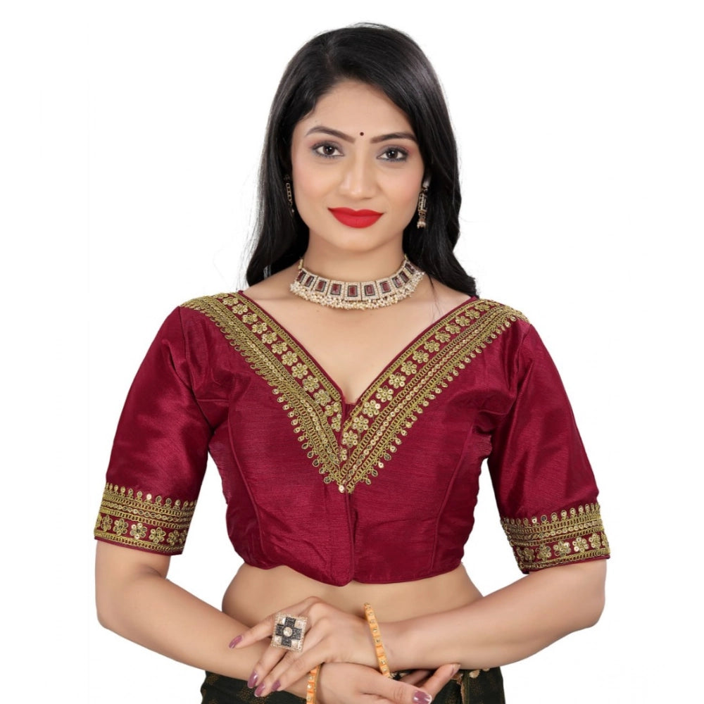 Generic Women's Banglory Embroidery Readymade Blouse (Maroon, Size: Free Size) Main image