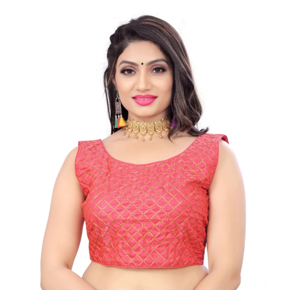 Generic Women's Satin Embroidery Readymade Blouse (Pink, Size: Free Size) Main image