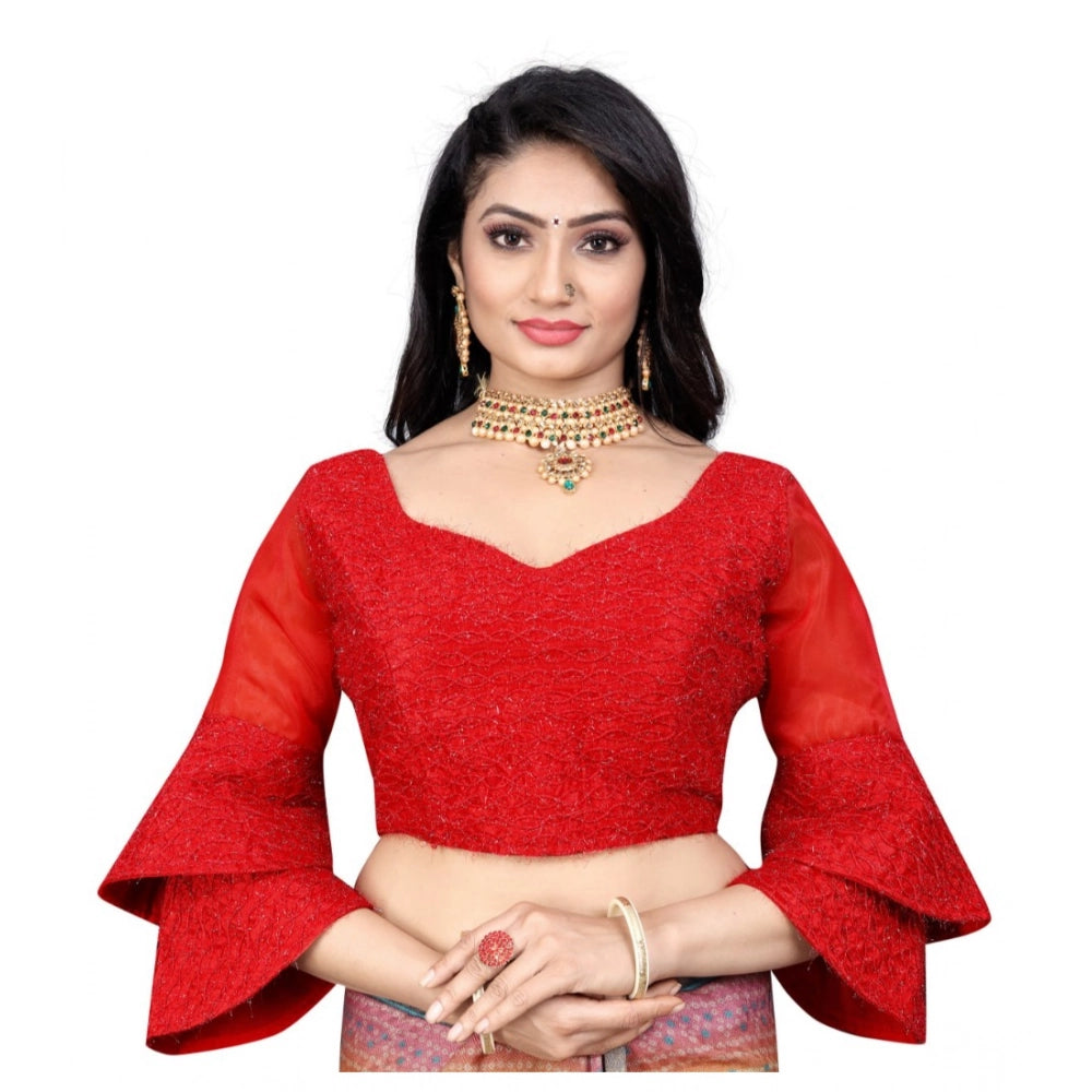 Generic Women's Organza Embroidery Readymade Blouse (Red, Size: Free Size) Main image