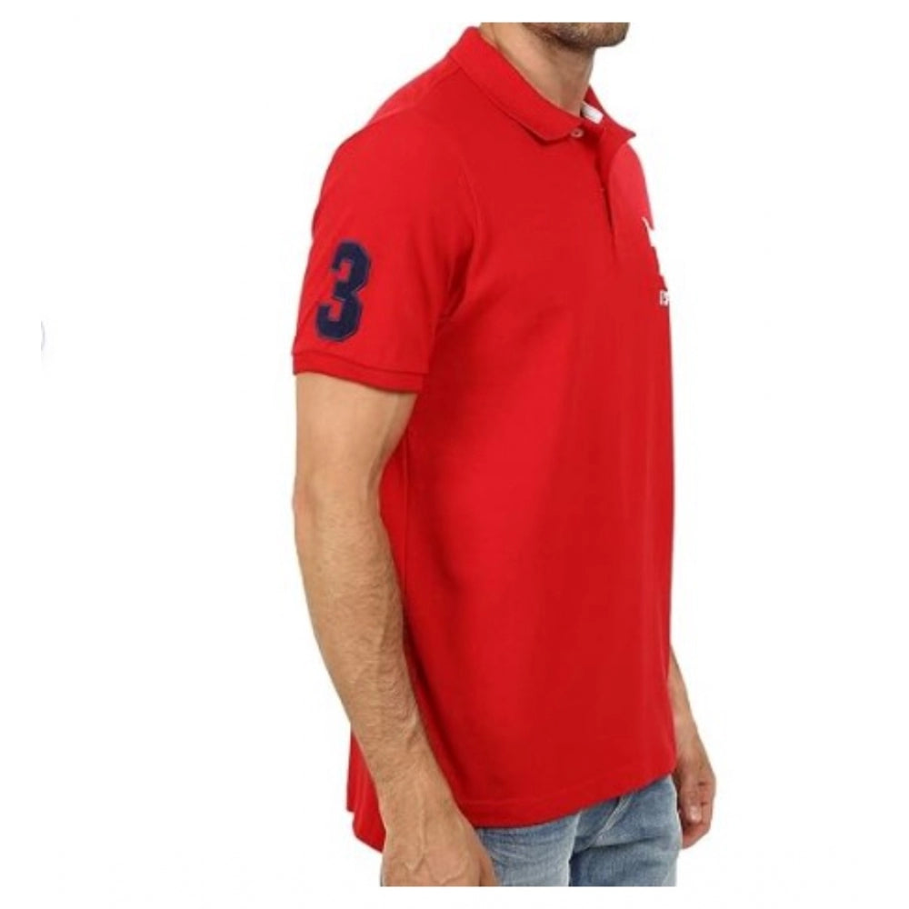 Generic Men's Casual Half sleeve Solid Cotton Polo Neck T-shirt (Red) Secondary image