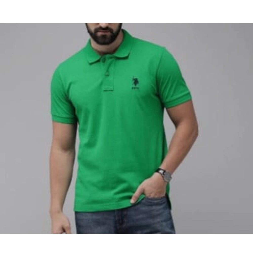 Generic Men's Casual Half sleeve Solid Cotton Polo Neck T-shirt (Green) Main image
