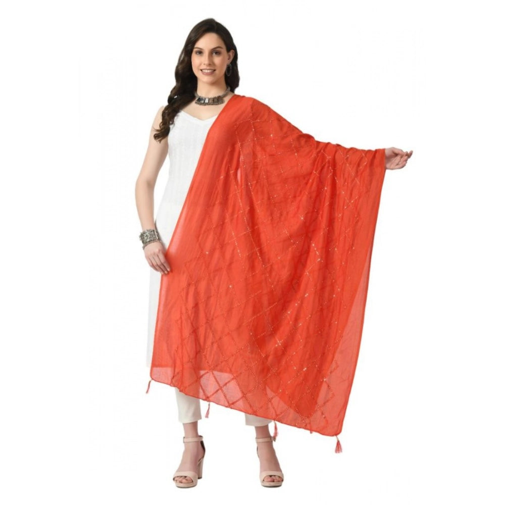 Generic Women's Chanderi Self Design Dupatta (Orange, Length: Free Size) Main image