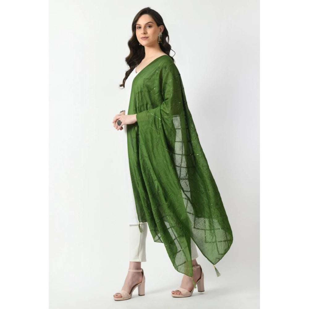 Generic Women's Chanderi Self Design Dupatta (Mehandi, Length: Free Size)