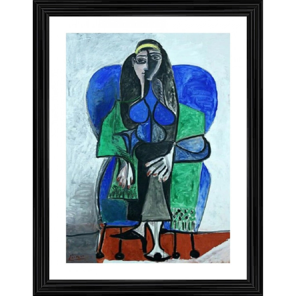 Generic Seated Woman with Green Shawl 1960 Painting With Wood Photo Frame (Multicolor)