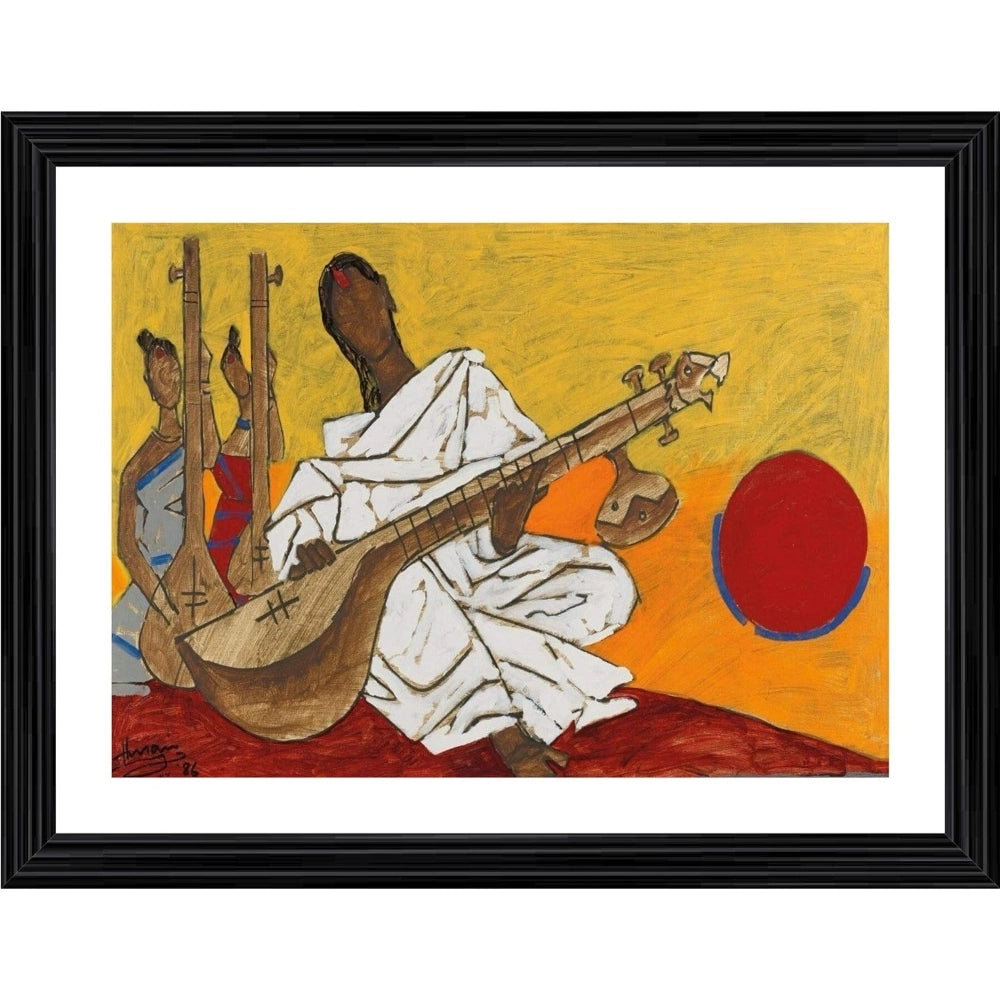 Generic Sitar Player Lady Painting With Wood Photo Frame (Multicolor) Main image